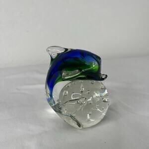 Art Glass Paperweight Blue Dolphin on Sphere home decor, office decor, ocean